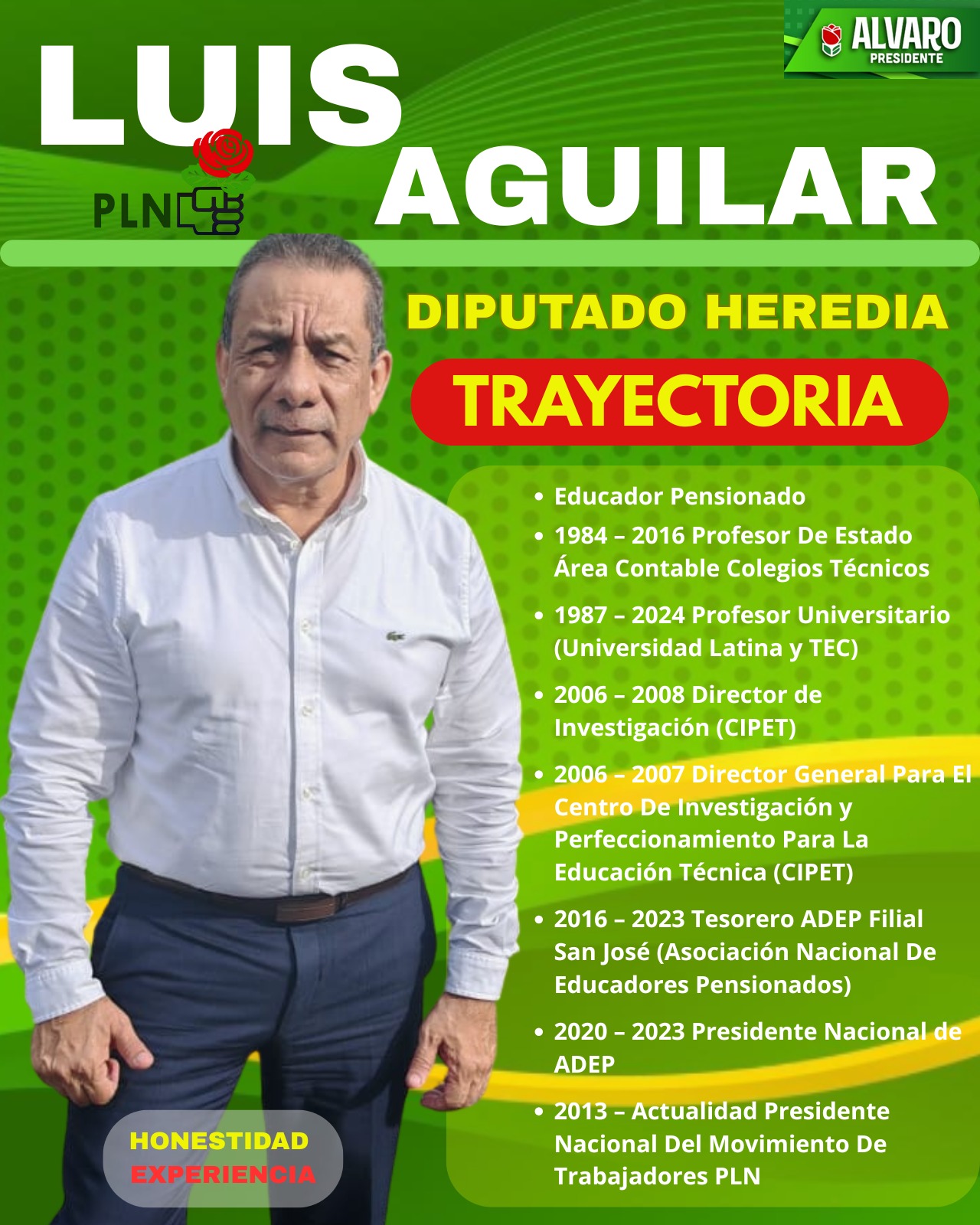 Luis Aguilar Villareal, PLN Heredia, candidato a diputado 2026, Partido Liberación Nacional, lema Por la gente que trabaja estudia y produce, adultos mayores Costa Rica.