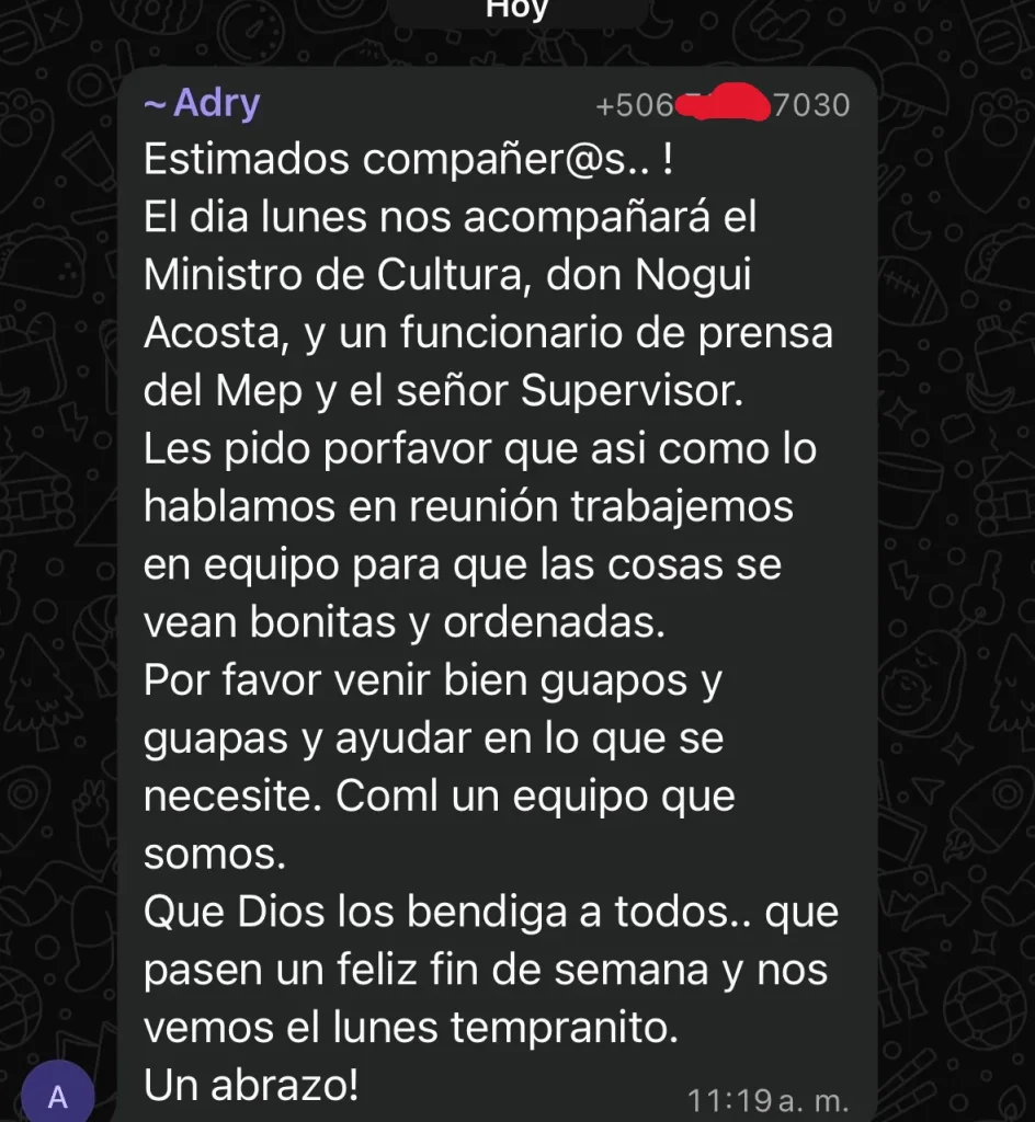 Captura de mensaje interno sobre acto oficial en Ipís en contexto de denuncia por gimnasio sin electricidad