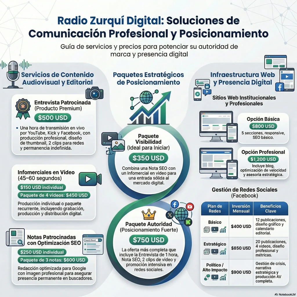 Servicios y precios de Radio Zurquí Digital: entrevistas patrocinadas, infomerciales, notas SEO, diseño web y gestión de redes sociales