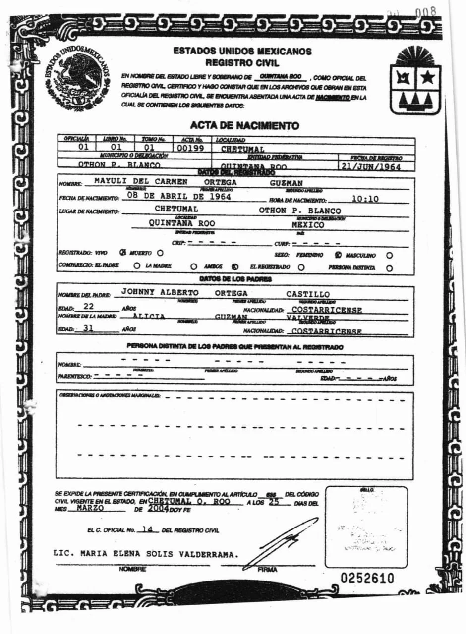 Acta de nacimiento atribuida a Mayuli Ortega Guzmán en Quintana Roo bajo cuestionamiento documental, publicada por Radio Zurquí