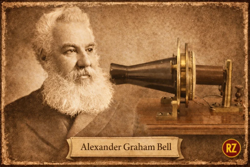 Alexander Graham Bell inventor del teléfono en 1876 junto a uno de sus primeros prototipos