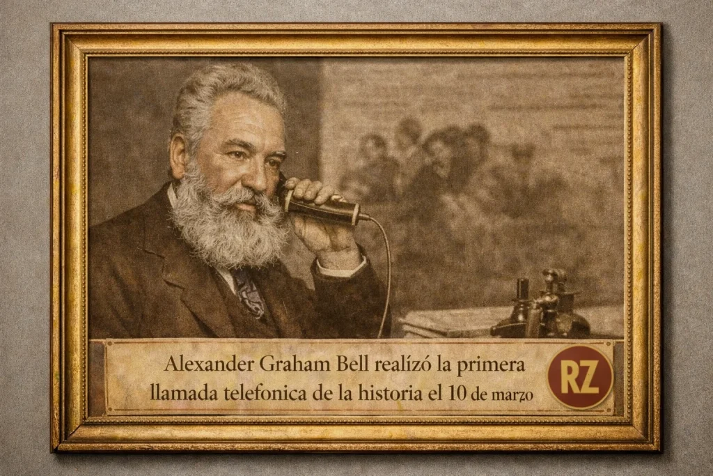 Alexander Graham Bell realizando la primera llamada telefónica de la historia en 1876