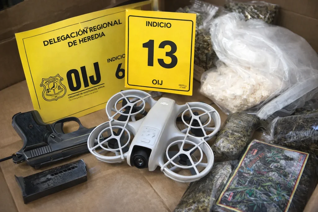 Evidencia decomisada por el OIJ en caso de allanamiento falso en Heredia con arma, droga y dron | Radio Zurquí