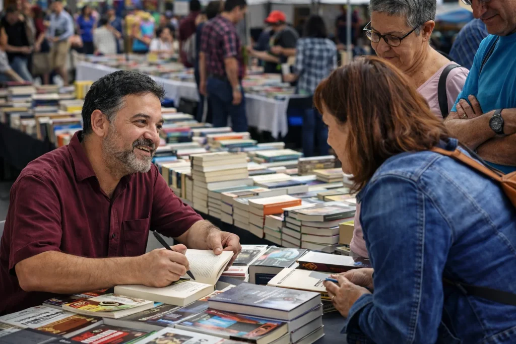 Autor firma libros y conversa con lectores durante la Feria del Libro San Carlos en Ciudad Quesada
