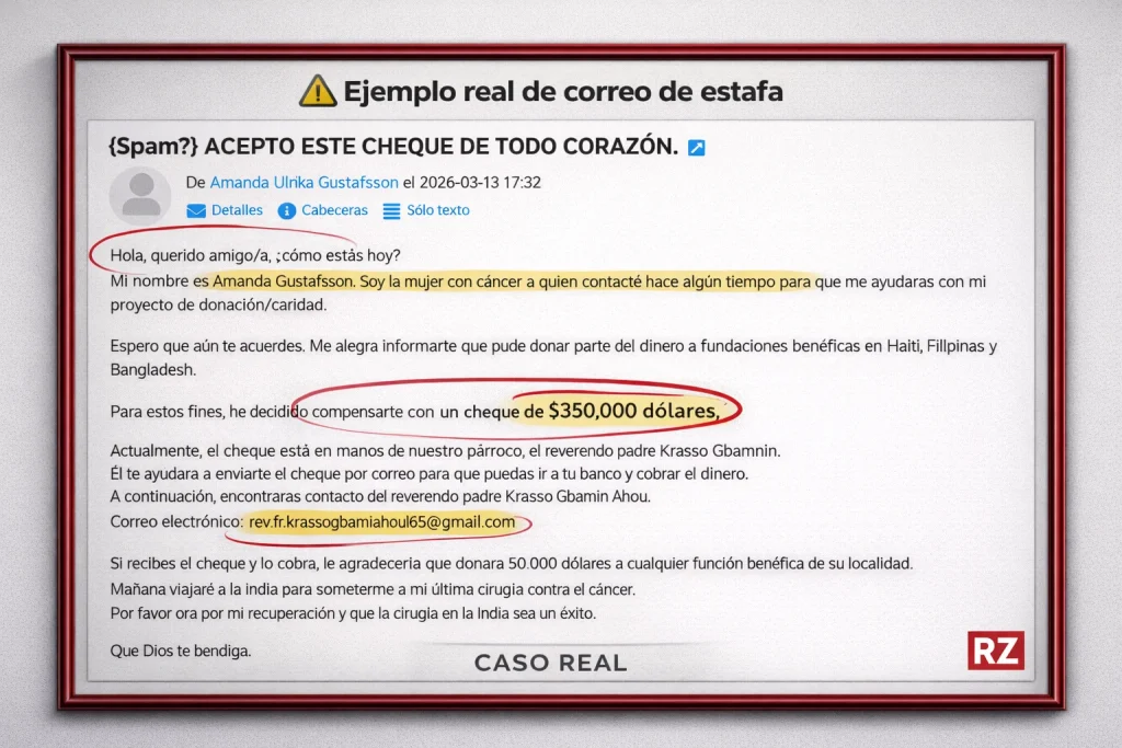 caso real de correo de estafa que promete un cheque de donación para engañar a la víctima