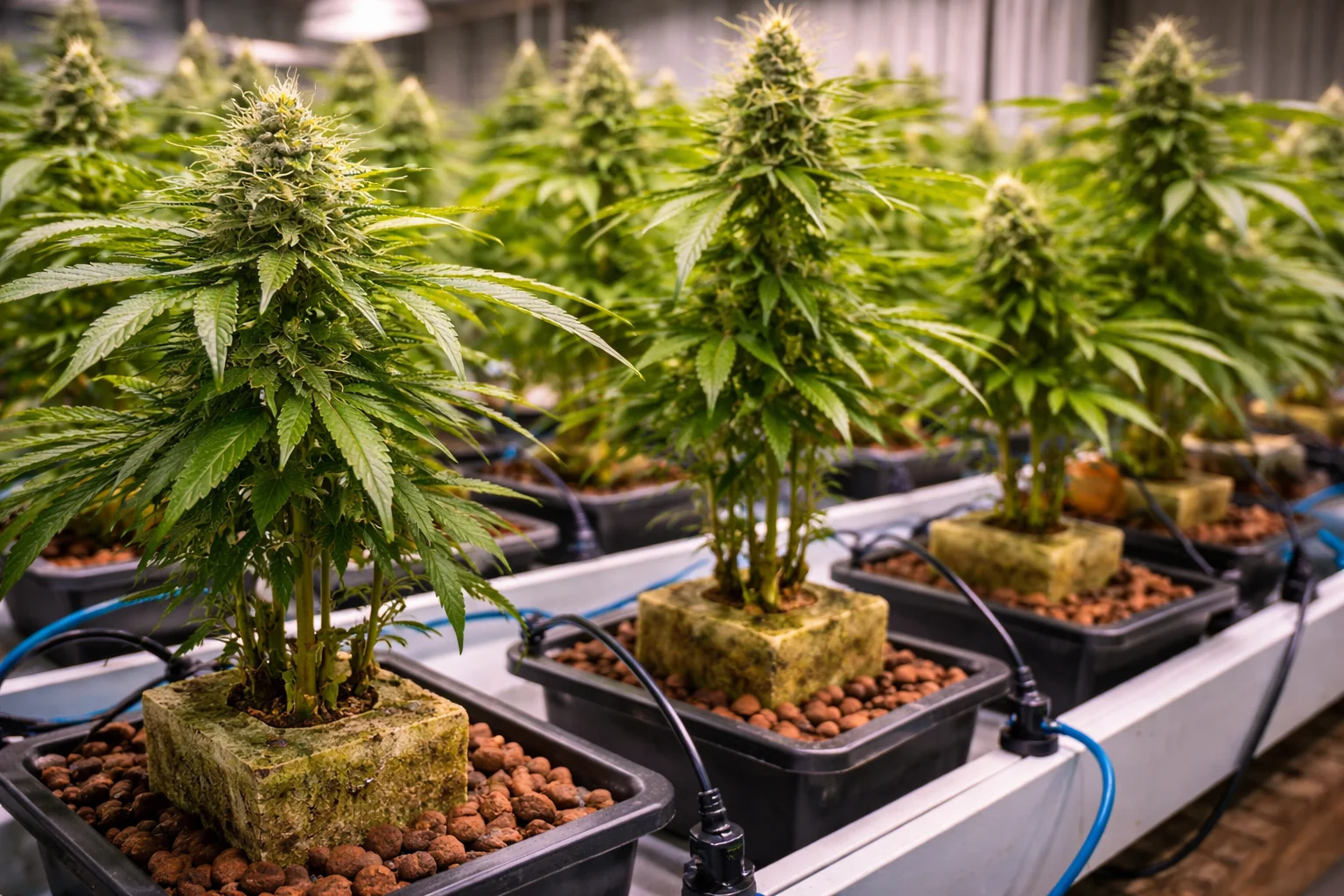 plantas de marihuana cultivadas en sistema hidroponico en ambiente interior