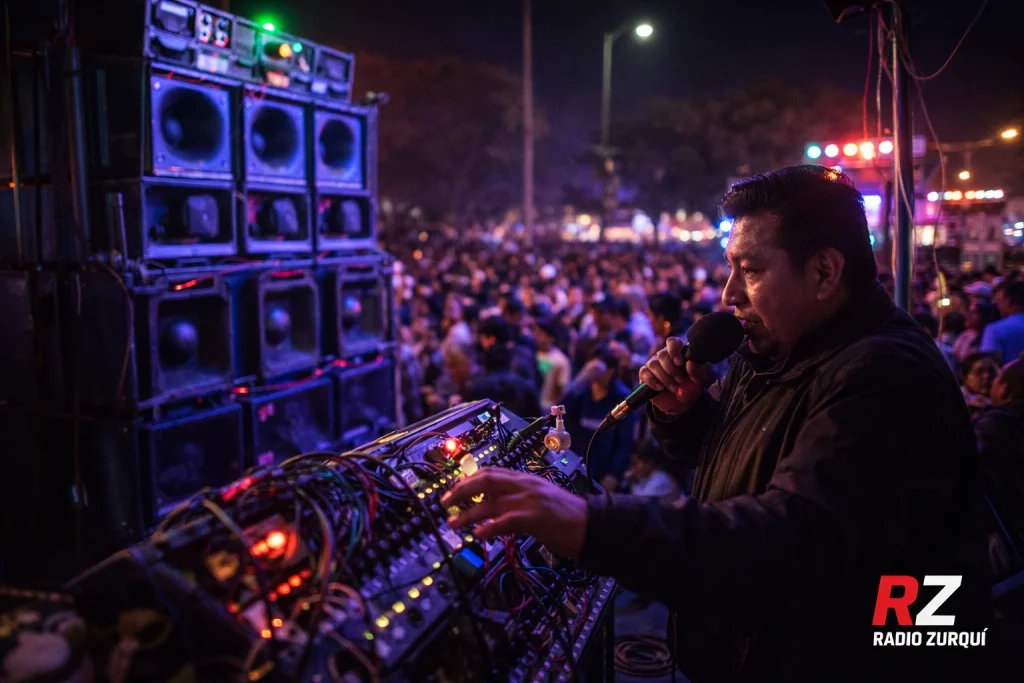 cultura sonidera en CDMX con cabina de sonido y bocinas gigantes en evento de noche de primavera