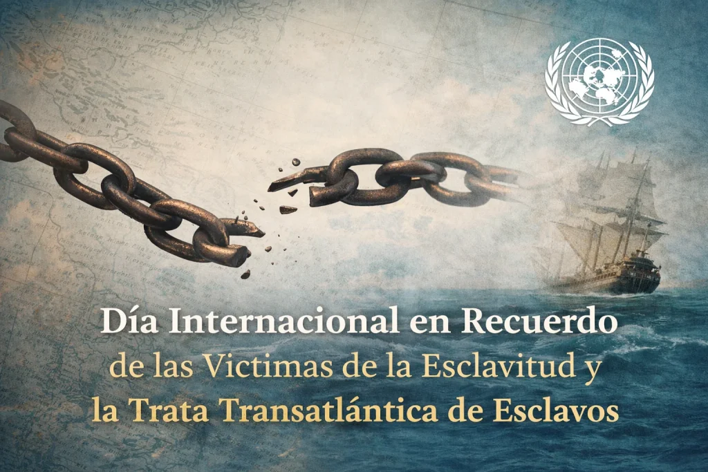 Día Internacional en Recuerdo de las Víctimas de la Esclavitud y la Trata Transatlántica de Esclavos con cadenas rotas y mar simbólico | Radio Zurquí