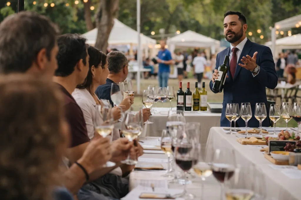 Cata guiada de vinos en el festival de vino y queso en CDMX con sommelier y asistentes – imagen conceptual creada para Radio Zurquí