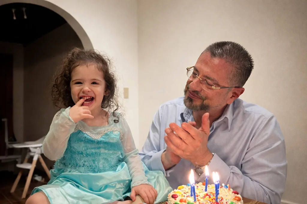 Hija de Chaves en celebración familiar junto al presidente en imagen compartida en redes sociales de la madre de la niña Silvia Aymerich.