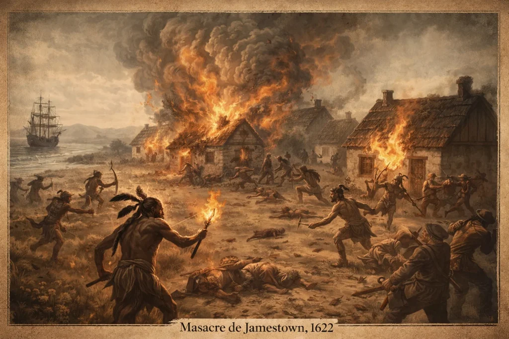 Masacre de Jamestown en 1622, conflicto entre colonos ingleses y pueblos Powhatan en Virginia, hecho histórico del 22 de marzo