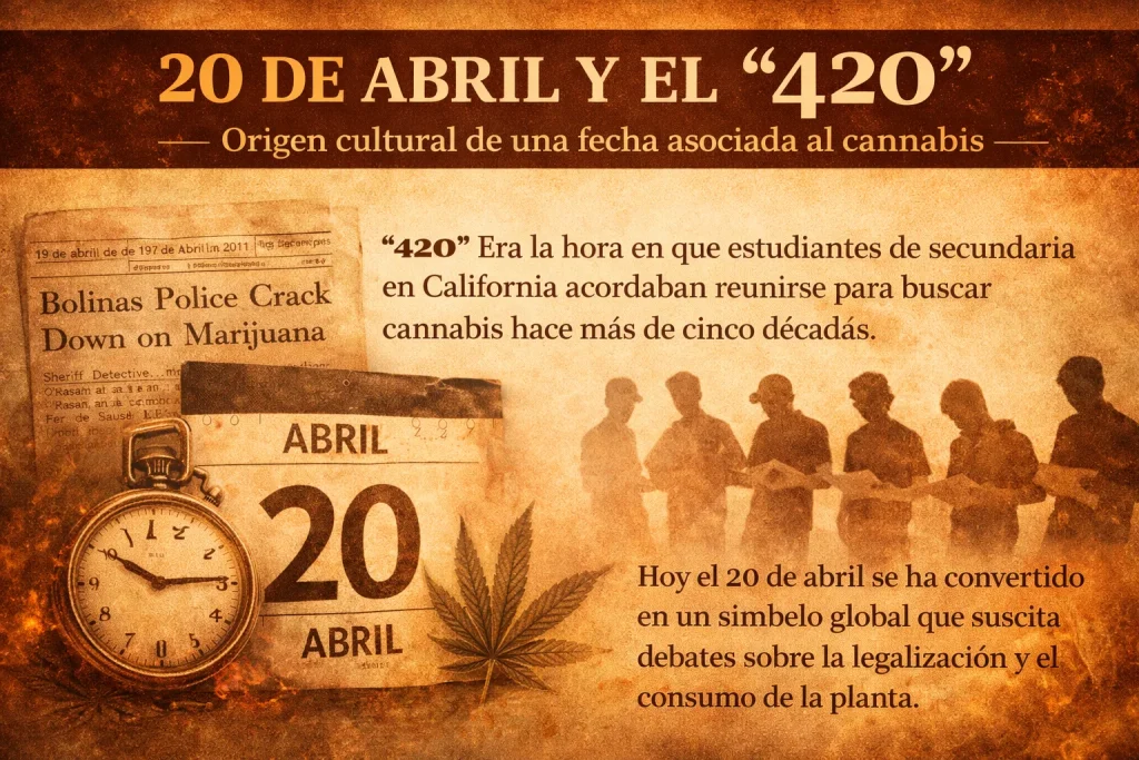 Origen del 420 el 20 de abril explicado como fenómeno cultural del cannabis a nivel internacionalEl 20 de abril y el “420”: origen de un fenómeno cultural vinculado al cannabis y su evolución global.