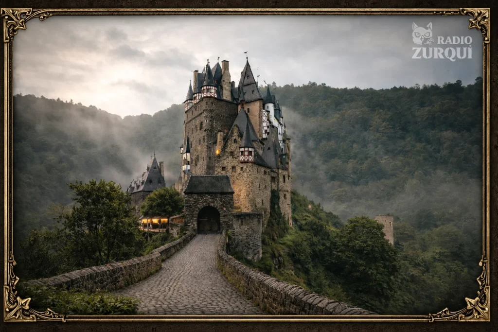 Castillo de Eltz en Alemania rodeado de bosque y niebla, fortaleza medieval conservada por siglos, archivo de Radio Zurquí