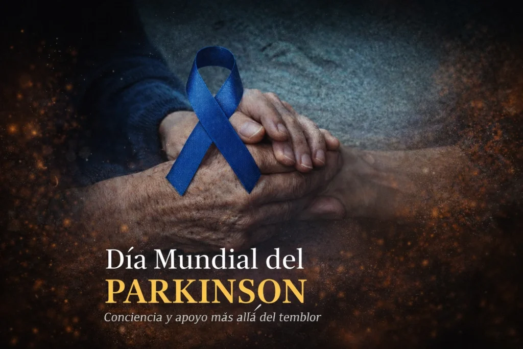 Día Mundial del Parkinson, manos en señal de apoyo con cinta azul símbolo de concienciación archivo de Radio Zurquí