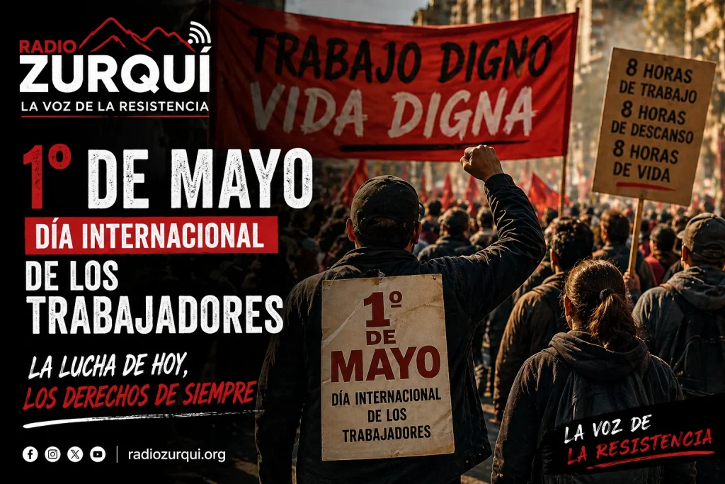 👉 Marcha del 1 de mayo con trabajadores levantando el puño en protesta por derechos laborales y jornada de ocho horas