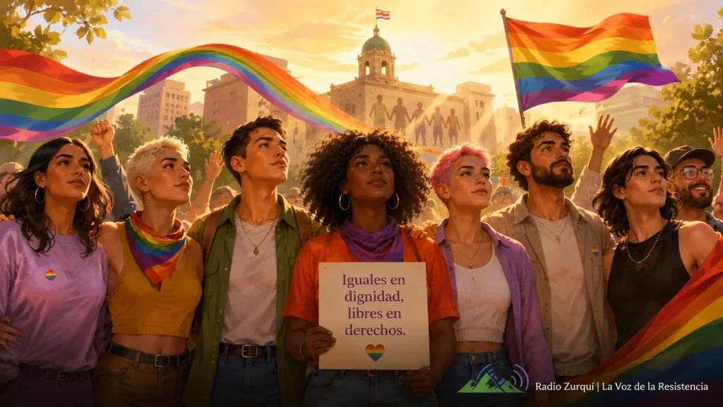 Ilustración del Día Internacional contra la Homofobia, la Transfobia y la Bifobia con personas diversas reunidas por la igualdad y los derechos en Radio Zurquí.
