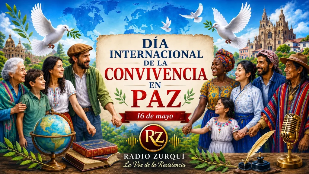 Día Internacional de la Convivencia en Paz ilustrado con personas diversas unidas, palomas de paz y el logo de Radio Zurquí.