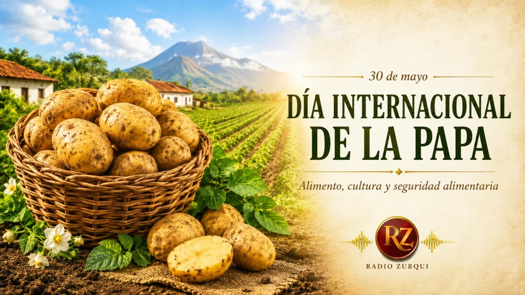 Imagen del Día Internacional de la Papa con canasta de papas, campo agrícola y paisaje rural, en una ilustración colorida con el logo de Radio Zurqui.