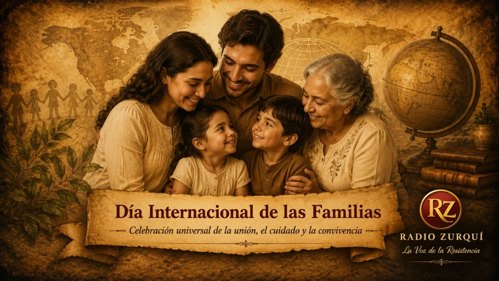 Ilustración del Día Internacional de las Familias con una familia multigeneracional y elementos simbólicos de unión y convivencia para Radio Zurquí.