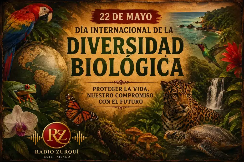 Día Internacional de la Diversidad Biológica 22 de mayo con fauna tropical y logo de Radio Zurquí