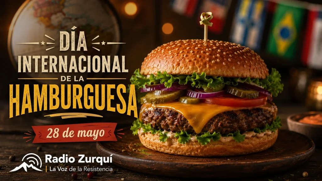 Día Internacional de la Hamburguesa celebrado cada 28 de mayo con imagen editorial de una hamburguesa clásica y el logo de Radio Zurquí