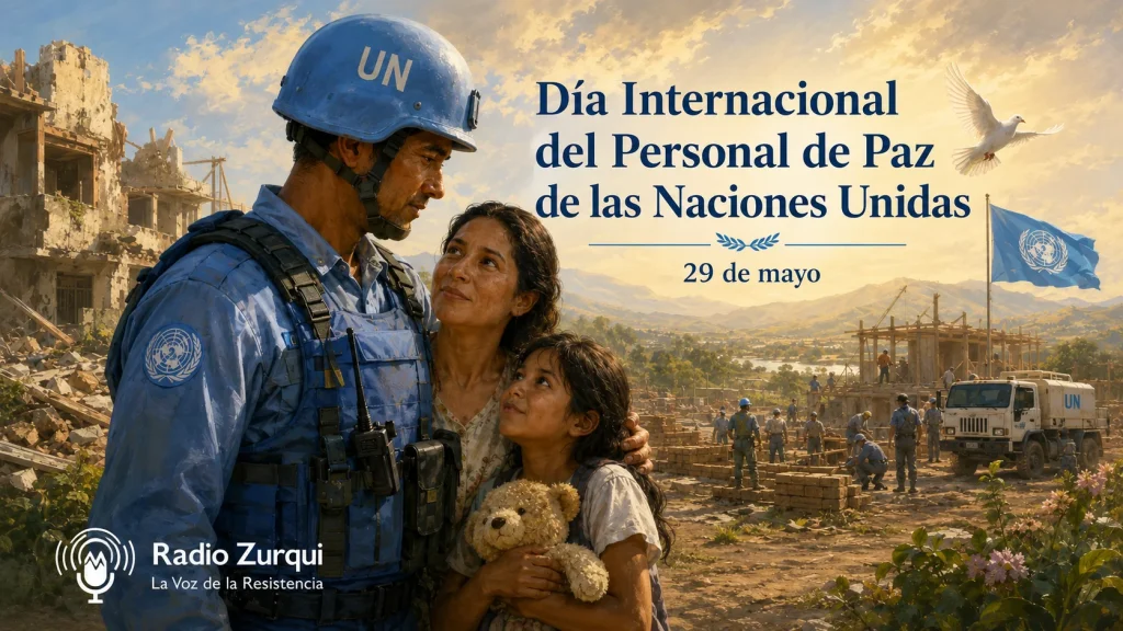 Día Internacional del Personal de Paz de las Naciones Unidas con Cascos Azules, civiles y símbolo de paz en Radio Zurqui