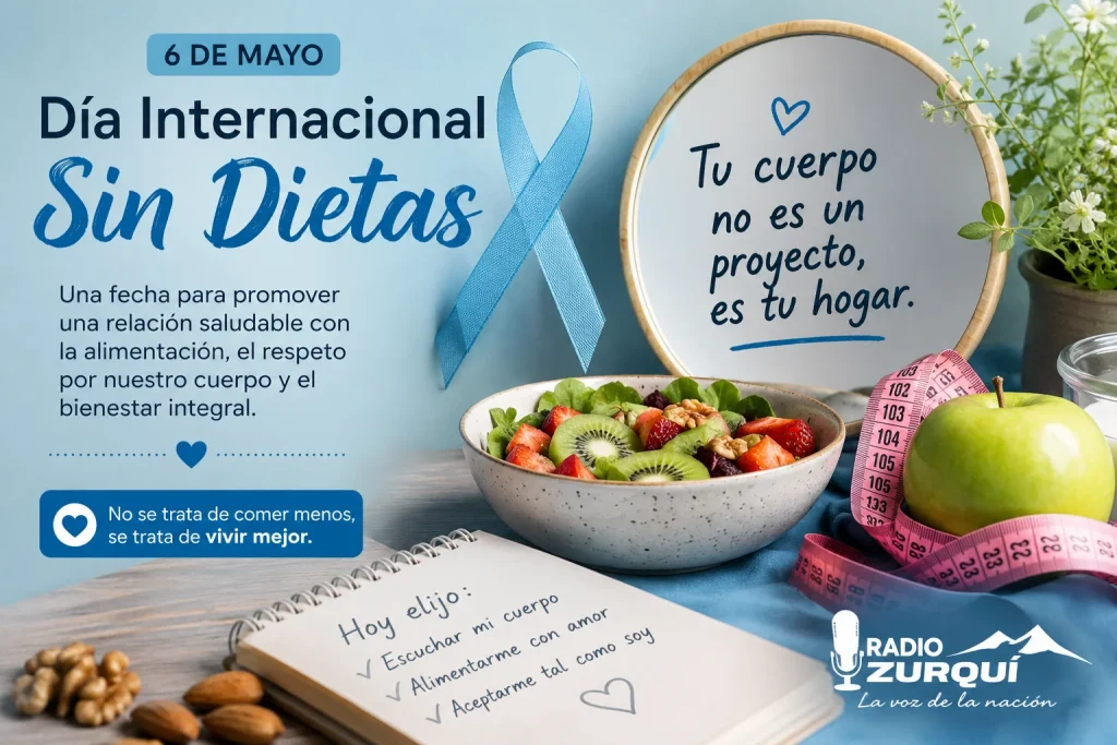 Ilustración del Día Internacional Sin Dietas con alimentos saludables, cinta azul y mensaje de bienestar | Radio Zurquí