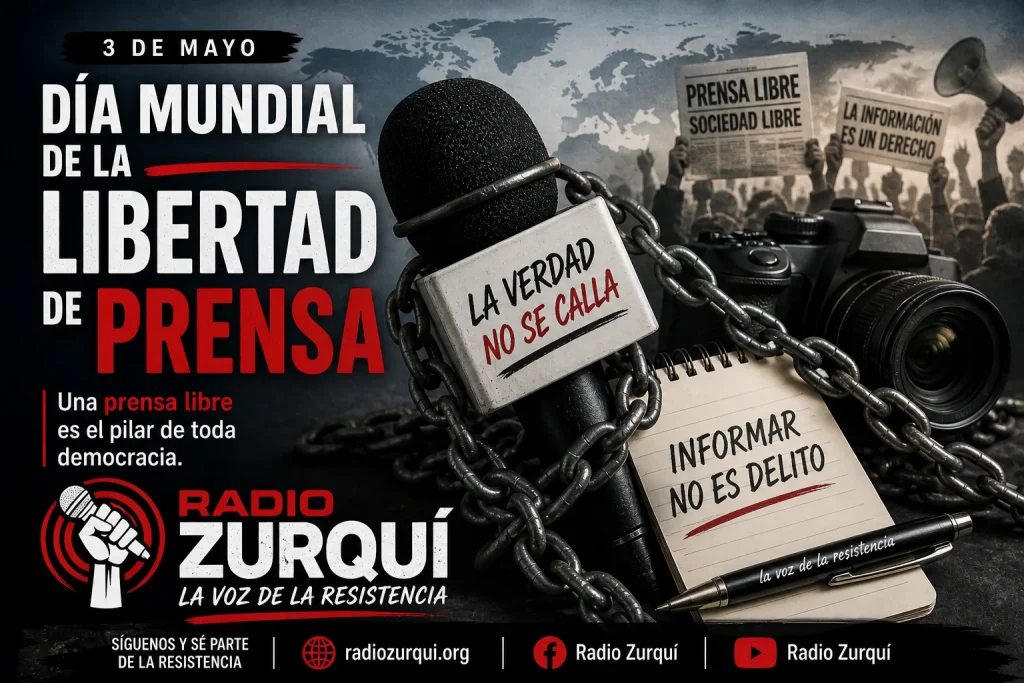 Día Mundial de la Libertad de Prensa 3 de mayo imagen con micrófono encadenado y mensaje sobre prensa libre Radio Zurquí