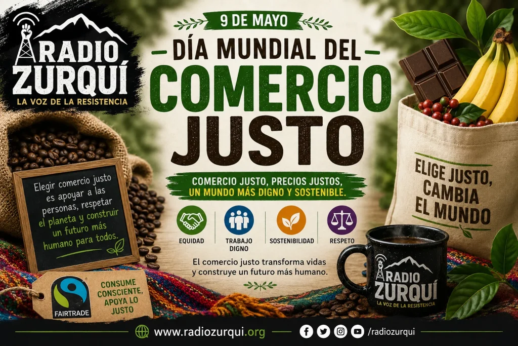 Ilustración del Día Mundial del Comercio Justo con productos agrícolas, café y mensaje de comercio justo para Radio Zurquí