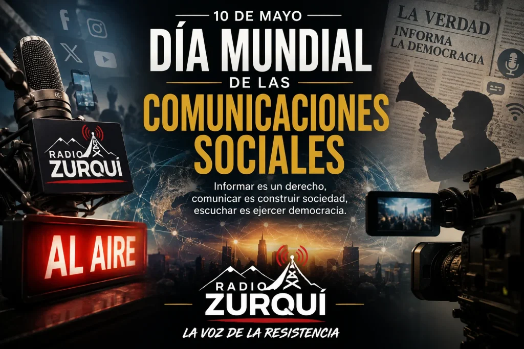 Ilustración del Día Mundial de las Comunicaciones Sociales con micrófono, cámaras de prensa y el logo de Radio Zurquí La Voz de la Resistencia