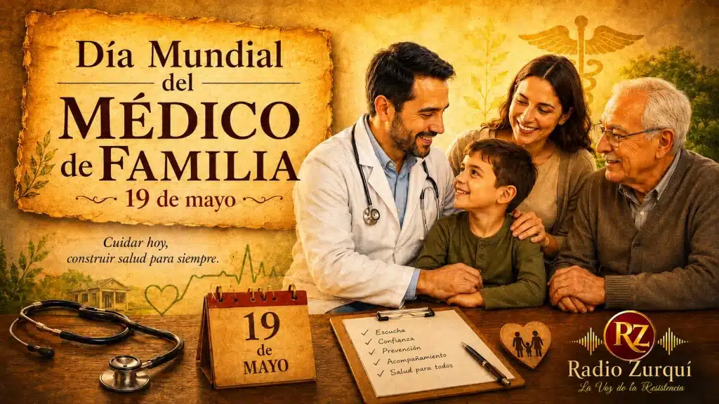 Ilustración del Día Mundial del Médico de Familia, 19 de mayo, con médico atendiendo a una familia y diseño editorial de Radio Zurquí