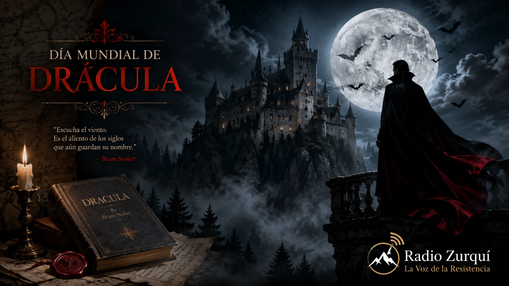 Ilustración gótica del Día Mundial de Drácula con castillo, luna llena, murciélagos y logo de Radio Zurquí.