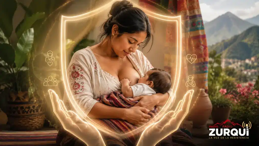 Día Mundial de la Protección de la Lactancia Materna con madre amamantando a su bebé bajo símbolo de protección