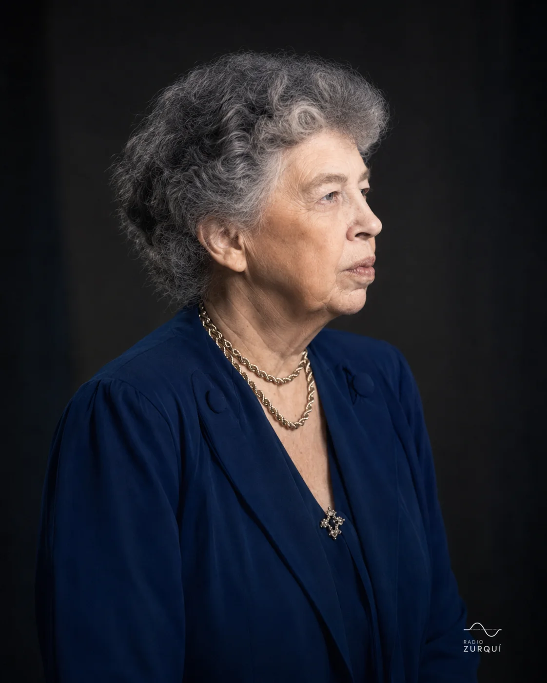 Retrato de perfil de Eleanor Roosevelt mirando hacia la derecha para la cita del día de Radio Zurquí