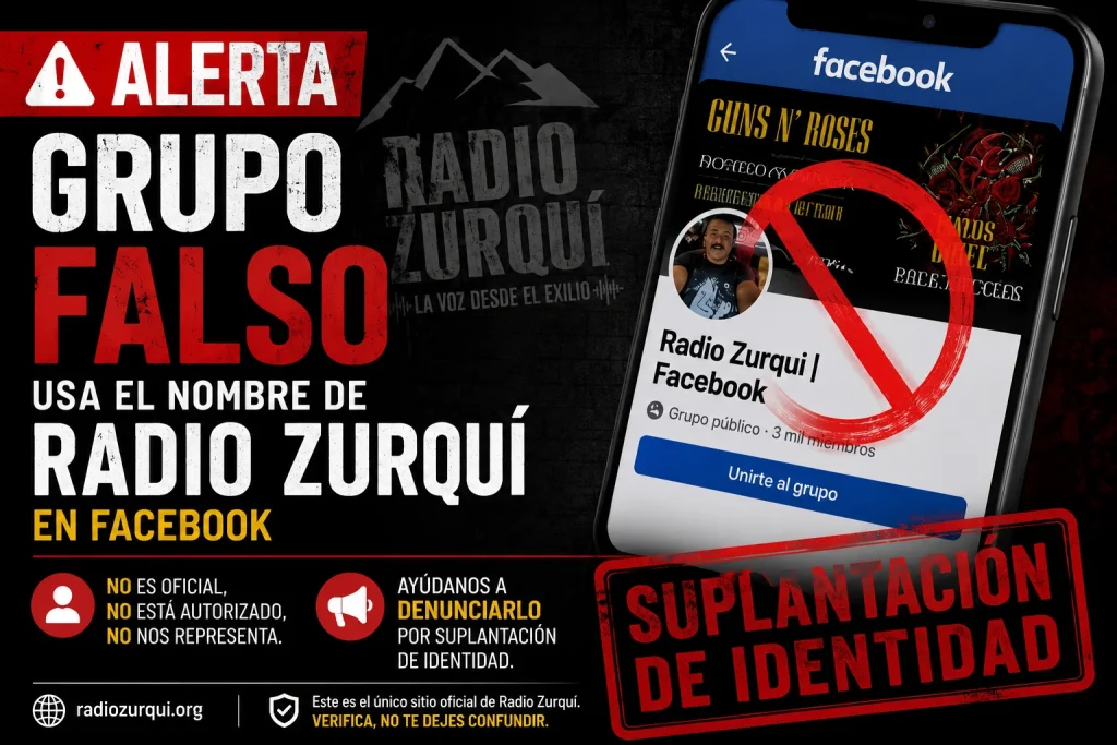 Imagen de advertencia sobre grupo falso en Facebook que usa el nombre de Radio Zurqui y es denunciado por suplantación de identidad.