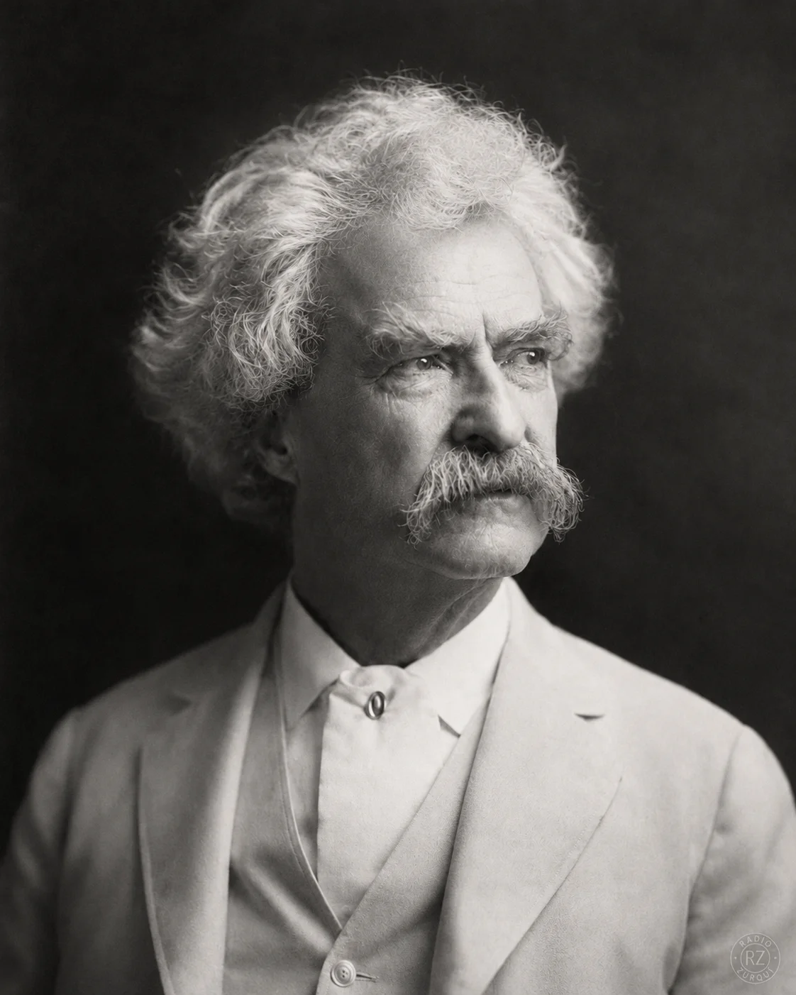 Retrato editorial de Mark Twain para la cita del día del 14 de mayo en Radio Zurquí