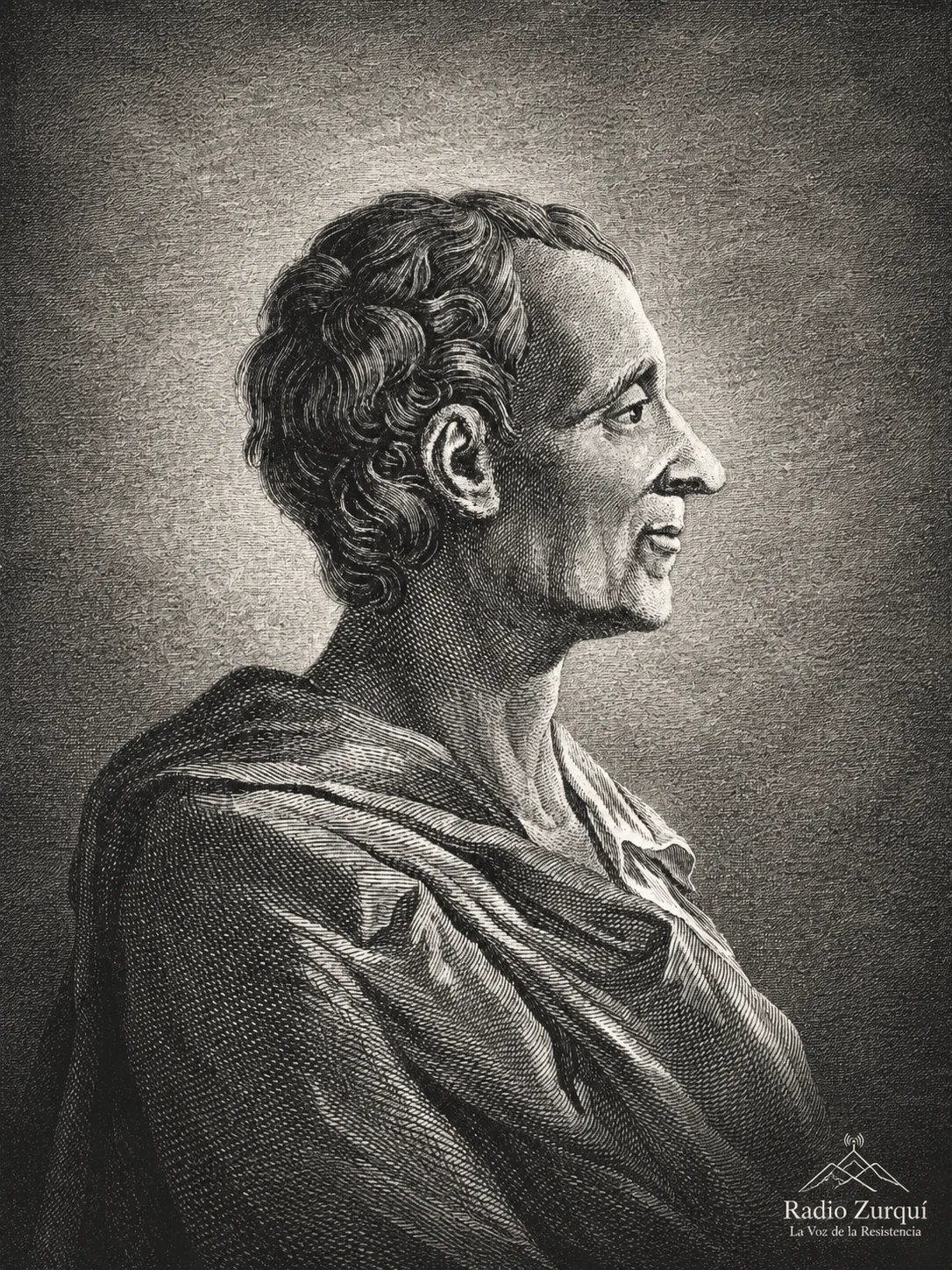 Retrato de Montesquieu en estilo grabado clásico para la cita del día de Radio Zurquí sobre libertad y leyes