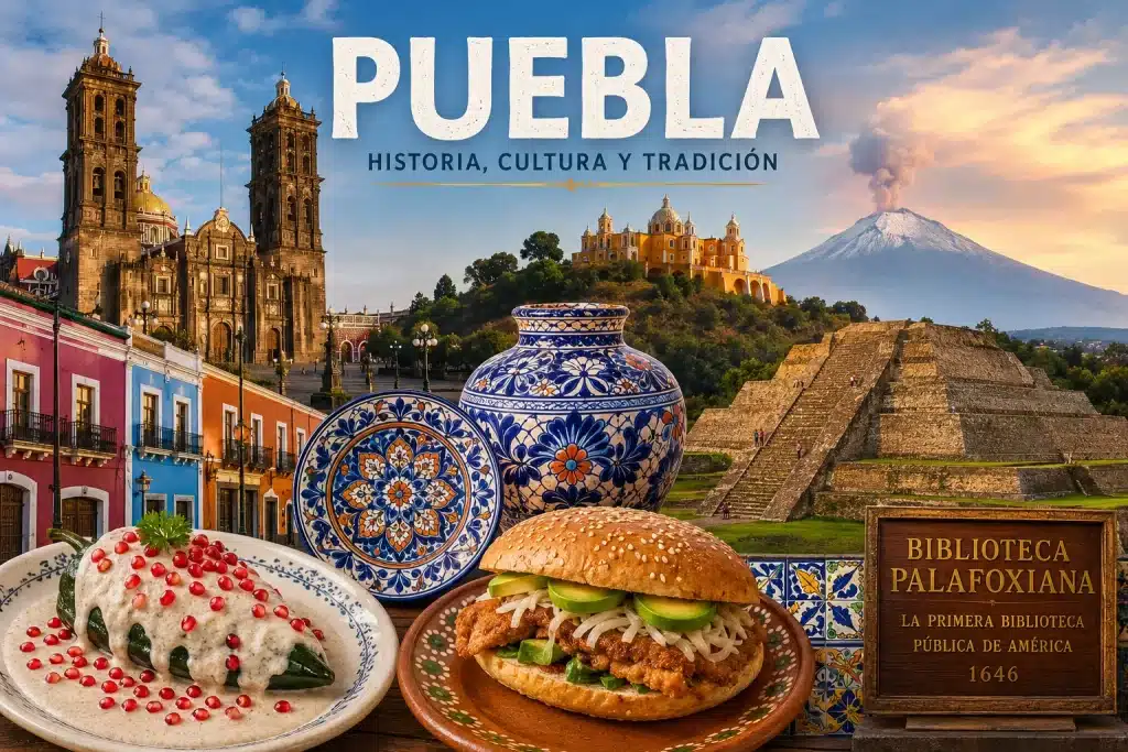 Puebla con arquitectura histórica, Talavera, gastronomía poblana y símbolos culturales en imagen de Radio Zurquí.