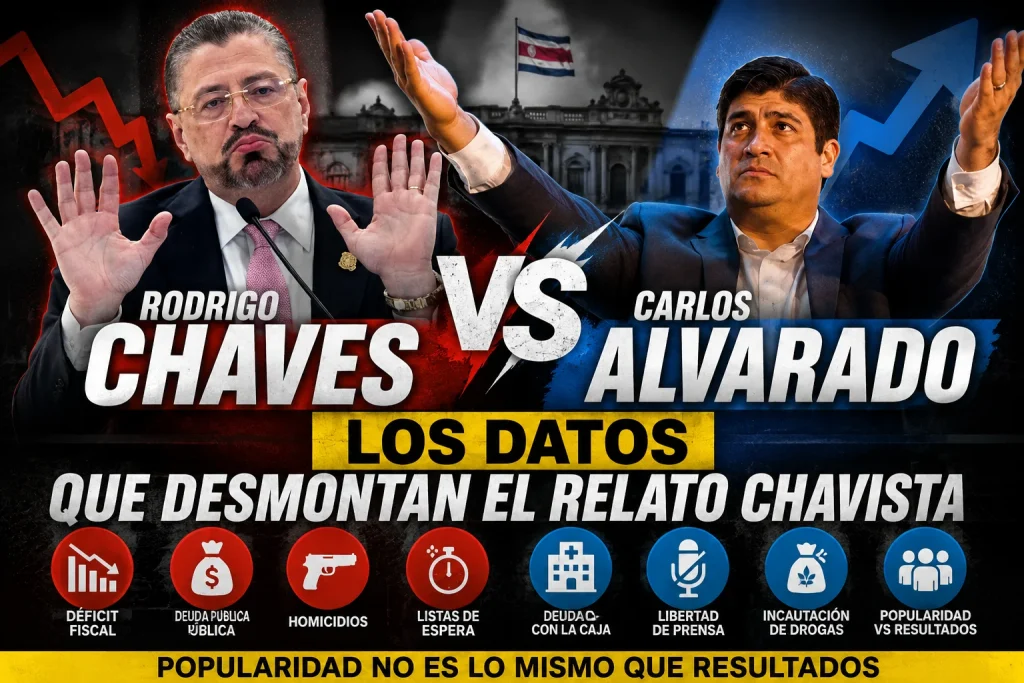 Comparativa entre Rodrigo Chaves y Carlos Alvarado sobre déficit fiscal, homicidios, deuda y libertad de prensa en Costa Rica para Radio Zurquí