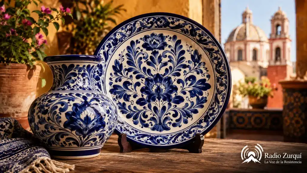 Talavera de Puebla con piezas artesanales azules en imagen editorial de Radio Zurquí.