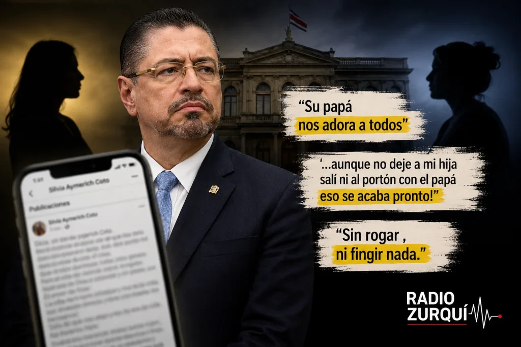 Ilustración sobre tensiones familiares alrededor de Rodrigo Chaves previo al traspaso de poderes en Costa Rica | Radio Zurquí