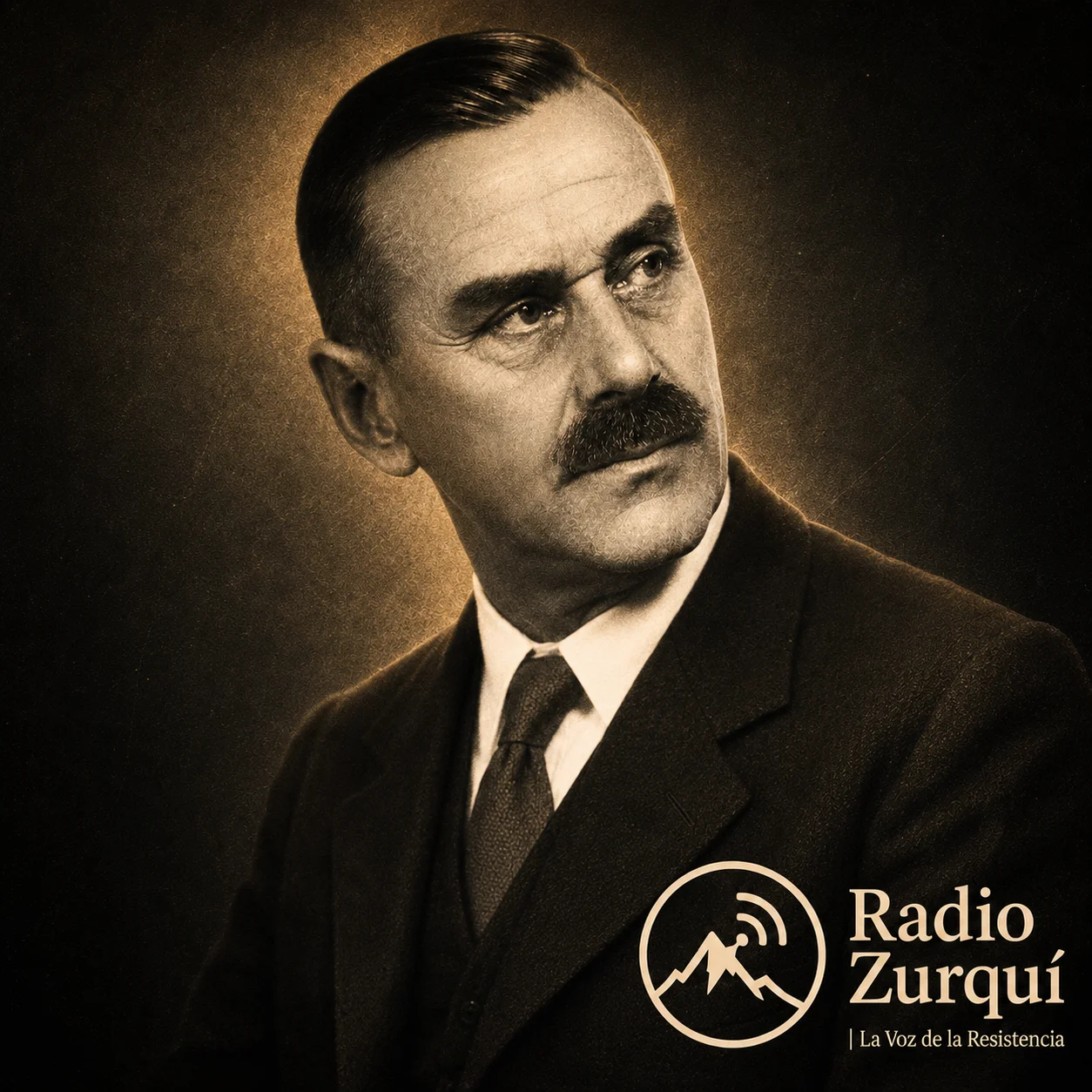 Retrato vintage de Thomas Mann con fondo oscuro para la cita del día de Radio Zurquí sobre fascismo y democracia