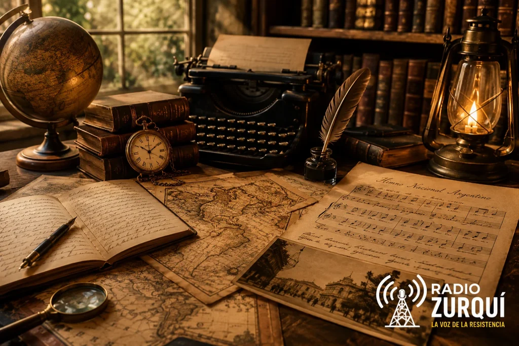 Mesa histórica con mapas antiguos, máquina de escribir y partituras musicales ilustrando el 11 de mayo en la historia para Radio Zurquí