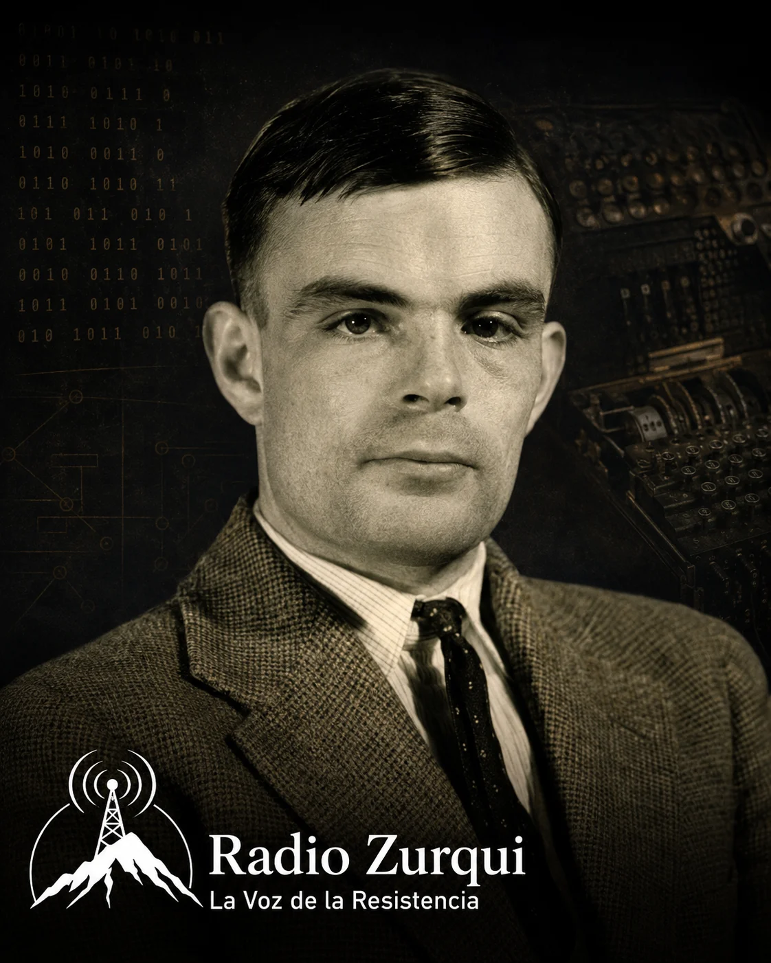 Retrato editorial de Alan Turing con fondo oscuro y elementos de computación para la cita del día de Radio Zurqui