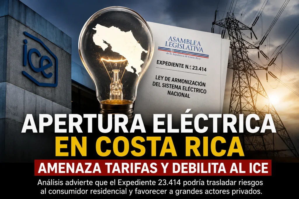 Apertura eléctrica en Costa Rica bajo el Expediente 23.414 amenaza tarifas y debilita al ICE, según análisis de Radio Zurquí.