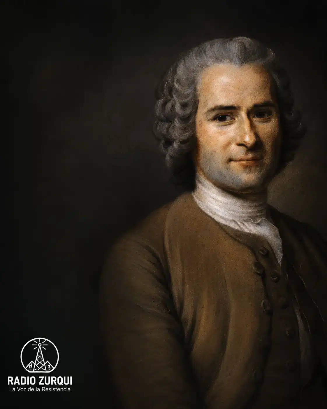 Retrato de Jean-Jacques Rousseau sobre fondo oscuro con el logo de Radio Zurquí para la cita del día del 28 de junio