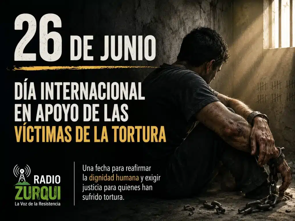 Imagen del Día Internacional en Apoyo de las Víctimas de la Tortura, con una persona detenida, cadenas rotas y mensaje por la dignidad humana.