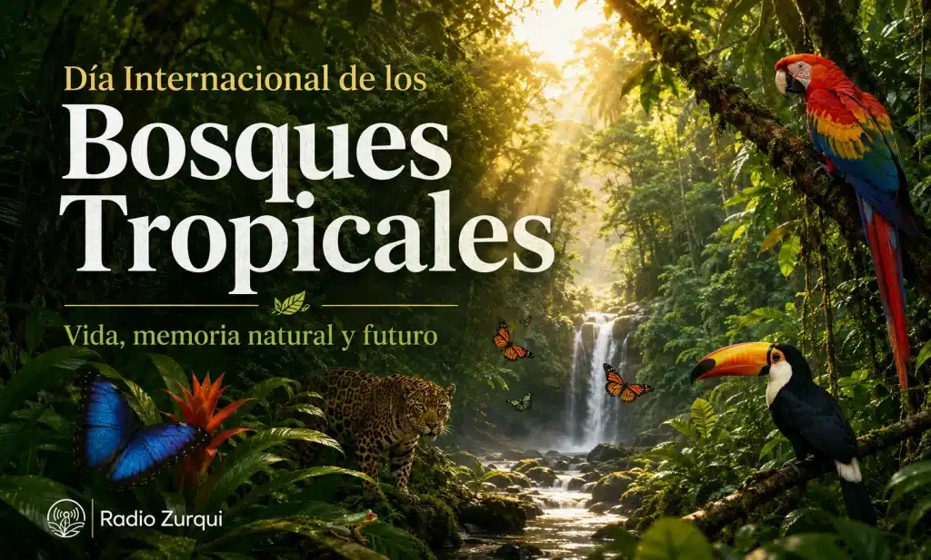 Día Internacional de los Bosques Tropicales ilustrado con selva tropical, fauna silvestre y cascada