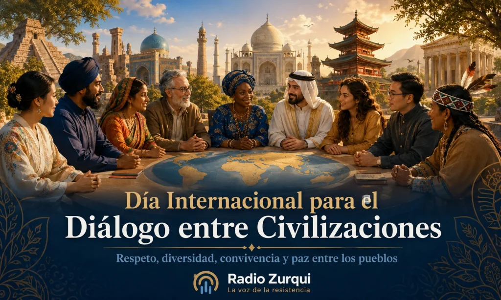 Día Internacional para el Diálogo entre Civilizaciones con personas de distintas culturas reunidas en torno al diálogo, la diversidad y la paz
