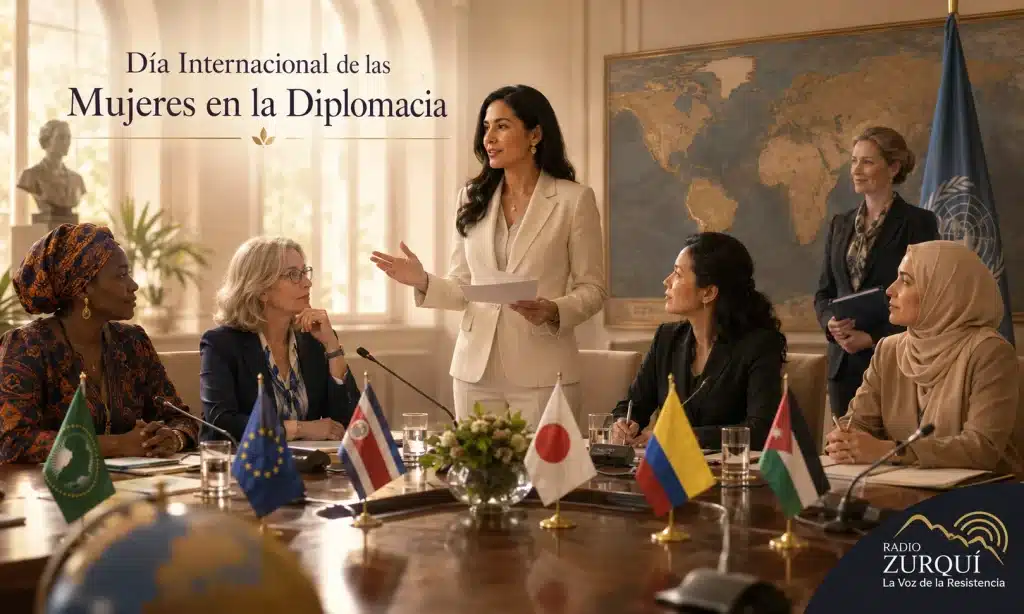 Imagen editorial de Radio Zurquí sobre el Día Internacional de las Mujeres en la Diplomacia, con mujeres líderes en una mesa de diálogo internacional.
